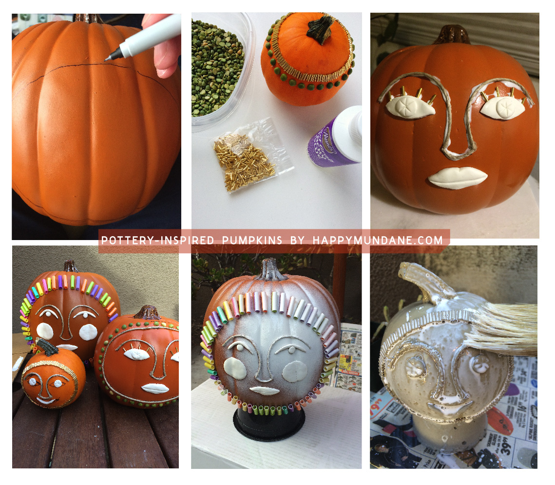 Fall 2014 centerpiece and pottery inspired pumpkins via happymundane.com